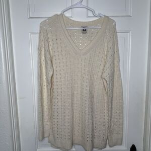 Anne Klein XL Cream V Neck Sweater Wool Angora Blend Open Knit Pullover Textured